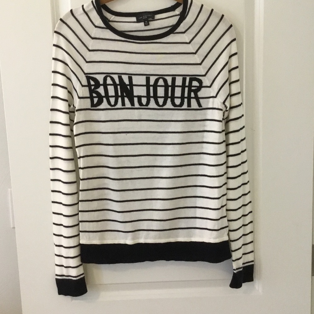 The Limited Navy Blue and Off White Bonjour Striped Sweater Sz XS